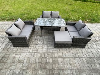 Fimous 7 Seater Rattan Wicker Garden Furniture Patio Conservatory Sofa Set Indoor Outdoor with Dining Table Double Seat Sofa in Dark Grey