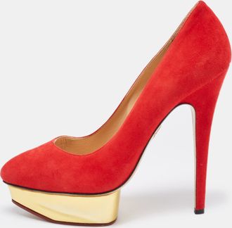 Charlotte Olympia Red Suede Dolly Platform Pumps