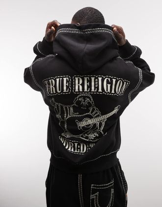 True Religion Felpa con cappuccio e zip nera con cuciture a contrasto e grafica sul retro-Blu