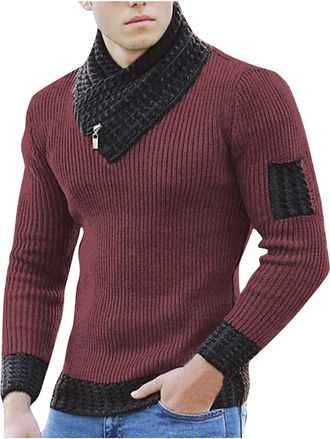 Generic Mens Knitted Jumper Scarf Collar Pullover Knitwear Winter Warm Long Sleeve Sweater Chunky Knit Jumper Thermal Ribbed Jumper Regular Fit Pullover Jumpe
