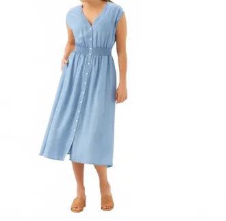 Karen Kane Cap Sleeve Smocked Waist Button-Up Midi Dress - Petite In Chambray