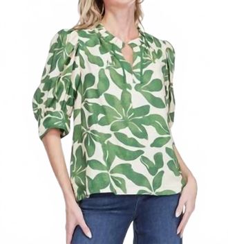 Jade Yoga Puff Sleeve Trimmed Placket Top In Ivory Fern