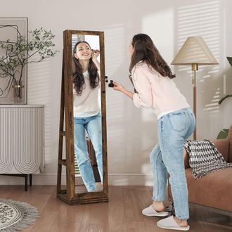HOMCOM Jewelry Cabinet Full Length Mirror Lockable Jewelry Organizer in Brown
