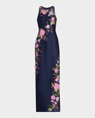 Badgley Mischka Floral Stretch Mikado Column Gown