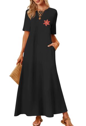 Merokeety Summer Maxi Dresses for Women 2026 Vacation Spring Casual Short Sleeve Basic Long T Shirt Dress Pockets, Redleaf, XL