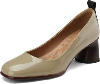 TinaCus Glossy Patent Leather Womens Round Toe Handmade Chunky Heels Trendy Pumps Shoes, Khaki, 4 UK