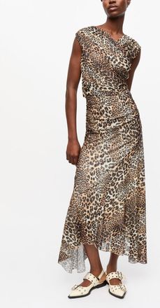 Ganni Leopard Marl Mesh Long Ruched Crossover Dress - Size 34 Mixed