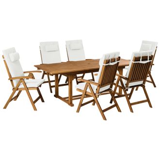 Beliani Conjunto De Comedor Exterior 6 Plazas De Madera De Acacia Sillas Plegables Con Cojines Blanco Crema Java Premium