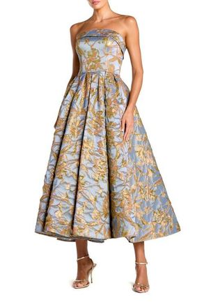 Mac Duggal Strapless Floral Brocade Midi Dress with Pockets in Periwinkle Multi at Nordstrom, Size 18