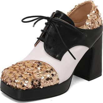Generic Womens Classic Lace Up Glitter Sequins Patchwork Oxfords Brouges Shoes Chunky Platform Square Toe Dress Pumps Loafers (Gold,5.5)