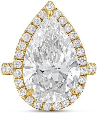 Diana M. Jewels 18kt yellow gold 6cts pear lab grown diamond halo ring with pave band
