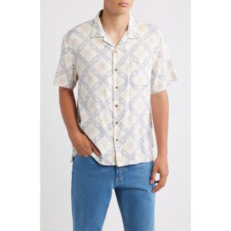 Brixton Bunker Slub Print Camp Shirt in Off White/Blue Tile at Nordstrom, Size Xx-Large