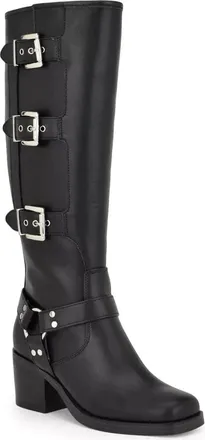 Nine West Karry Motorcycle Boots Womens Black Faux Leather Knee High LION293