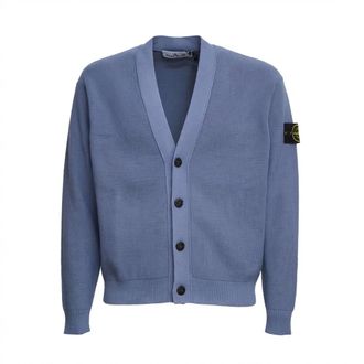 Stone Island Cardigans, male, Blue, Size: L Ribbed V-neck Cardigan