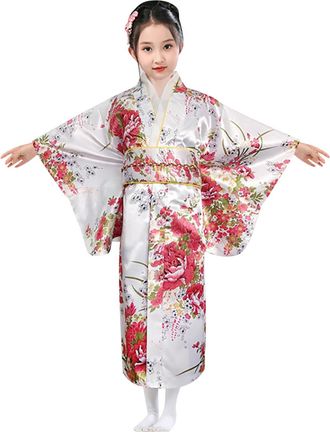 Generic Children Yukata Vintage Japanese Style Girl Kimono Kids Dress Silk Fabric Robe Wedding Wear Party Performance Gown Girls Costumes Party Dress Yukata D