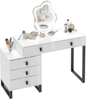 HOMCOM Dressing Table with LED Leaf Shape Mirror and 5 Drawers - White | TJ Hughes