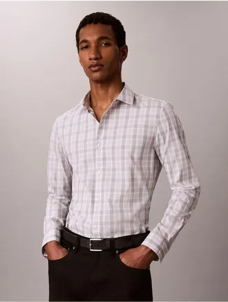 Calvin Klein Mens Yarn-Dyed Plaid Supima Slim Shirt - Grey - XL
