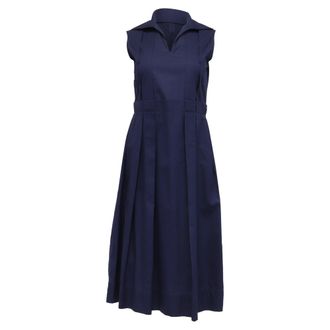 Marni Open-Collar Pleated Midi Dress in Navy Blue Cotton