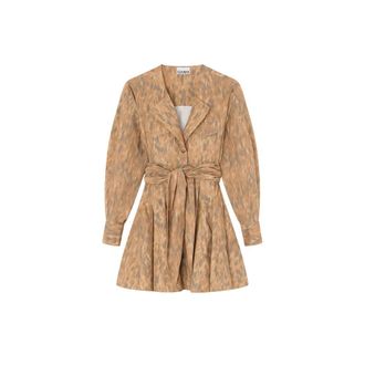 Ganni Short Dresses, female, Brown, Size: L Printed Stretch Cotton Mini Shirt Dress