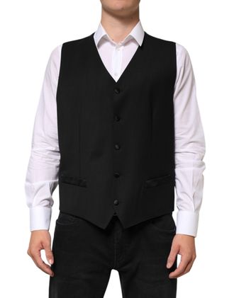 Dolce & Gabbana Black Wool Dress Formal Men Waistcoat Mens Vest