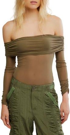 Free People Forget Me Not Off the Shoulder Mesh Bodysuit in Olive at Nordstrom Rack, Size X-Small