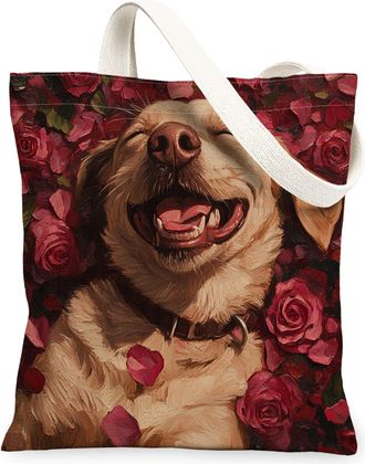 Generic Valentines Day Labrador Retriever Dog Canvas Tote Bag for Shopping 13x15, Lover Rose Puppy Reusable Grocery Print Pattern Bag for Women, Pet Beach Aes