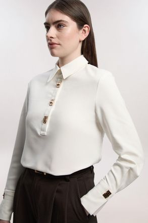 Karen Millen Womens Techno Cotton Woven Shirt With Gold Clasp - White - Size 12 UK