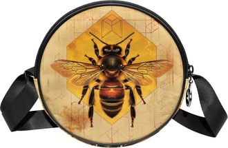 Generic Circle Crossbody Bag for Women, Honey Bee Small Sling Bag Daypack with Zipper Adjustable Shoulder Straps Casual Ladies Girls Round Purse