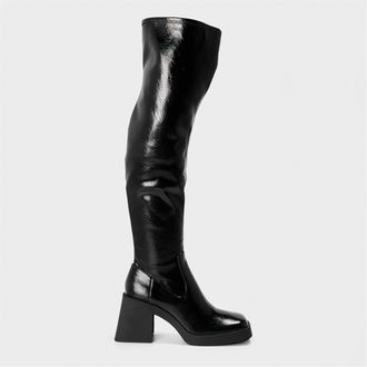 Steve Madden Womens Kolby Over The Knee Block Heel Boots in Black Patent - Size UK 8