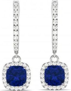 Allurez Cushion Lab Blue Sapphire & Lab Diamond Halo Dangling Earrings 14k White Gold (2.70ct)