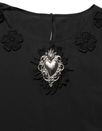Dolce & Gabbana Black Floral Silk Heart Appliqu&eacute; Blouse Womens Top