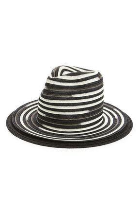 ESENSHEL Double Brim Stripe Woven Fedora in Black/white at Nordstrom, Size Medium/large
