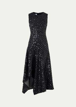 Akris Sequined Denim Sleeveless Handkerchief Midi Dress