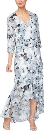 Alex Evenings High-Low Chiffon Burnout with Jacket Womens Dress Blue : 4, Chiffon/Polyester