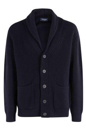 Drumohr Blue Shawl Collar Ribbed Knit Virgin Wool Cardigan