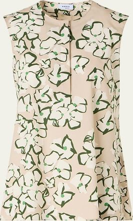 Akris Papercut Flower Print Cotton Poplin Sleeveless Tunic Blouse