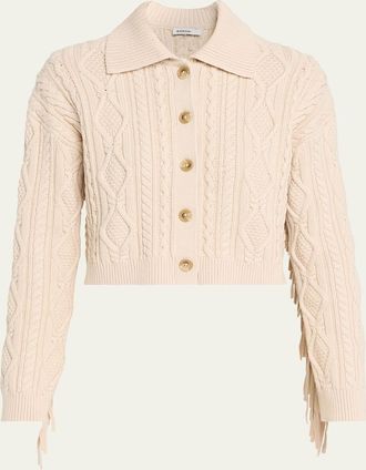 SIMKHAI Virginia Cable-Knit Fringe Cropped Cardigan
