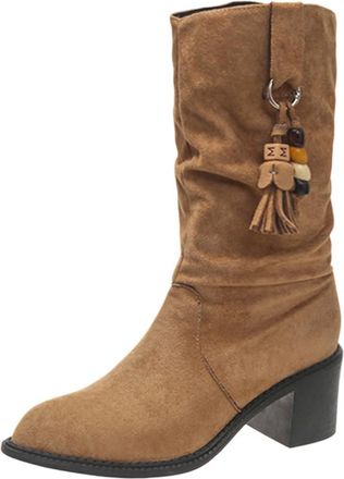 Generic Yolimok Knee High Boots for Women Winter Mid Calf Ankle Boots for Women Block Mid Heel PUll on Pointed Toe Stretch Knee-High Booties Ankle Boot Breath