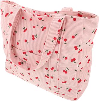 Yarnow Corduroy Cherry Tote Bag Large Capacity with Zipper Spacious Interior Versatile Shoulder Bag for Women Work School Casual Outings