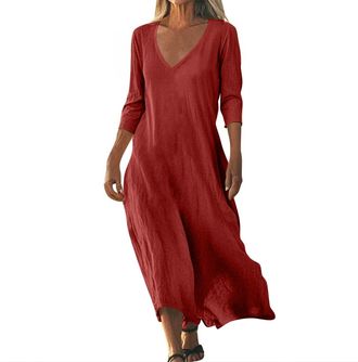 Generic Womens Summer Sleeveless Linen Maxi Dress Dresses White for Women UK Elegant Flowy Solid Color 3/4 Sleeve V Neck Cotton (Wine, XL)