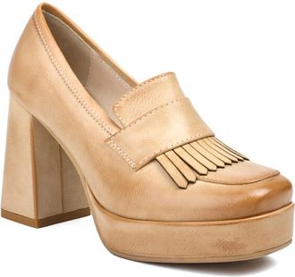 Generic Womens Platform Chunky Loafers Slip-On Round Toe Fringe Detail Textured Upper Dress Shoes with Block Heel Comfortable for Fashion Casual,Apricot,4.5 U