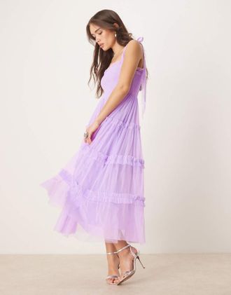 Lace & Beads Vestito midi lilla arricciato con fiocco sulla spalla-Viola