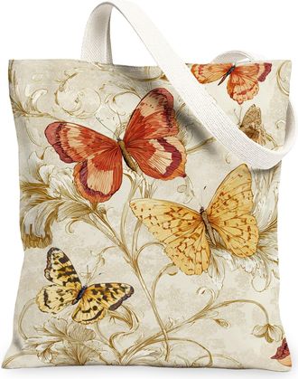 Generic Vintage Butterfly Canvas Tote Bags, Elegant Insect Pattern Reusable Grocery Bags, Lightweight Washable Shoulder Strap for T, Beige, 13x15 Inch