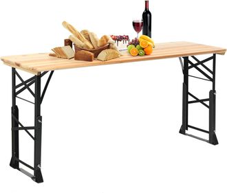 Costway Mesa Plegable Camping, Madera Maciza, Orificio De Sombrilla, Mesas De Acampada Rectangular Con Alturas Ajustables, 168,5 X 50x 75-105cm, Mesa De Traba