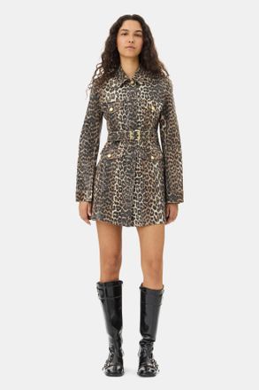 Ganni Mixed Leopard Foil Mini Dress - Size 34 Organic Cotton