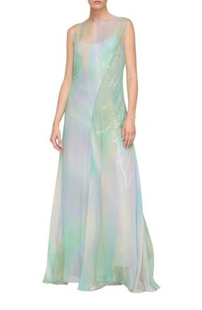 Lafayette 148 New York Crinkled Silk Cr&eacute;pon Gown with Sequin Slip in Aurora Green Multi at Nordstrom, Size 10