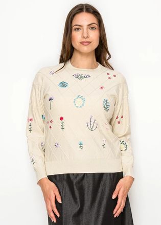 YAL New York Beige Floral Embroidered Knit Sweater