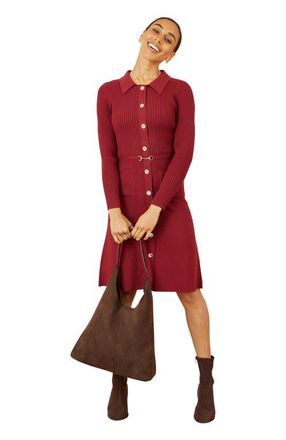 Yumi Belted Rib Knit Midi Dress With Pockets in Burgundy at Nordstrom, Size Medium