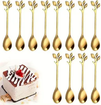 OEM 12 Cucharas De Postre De Acero Inoxidable, Elegantes Cucharillas De T&eacute;, Cucharas Para Pastel, Brillantes Y Pulidas, Con Detalles Dorados
