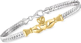 Ross-Simons Sterling Silver and 18kt Gold Over Sterling Claddagh Cuban-Link Bracelet